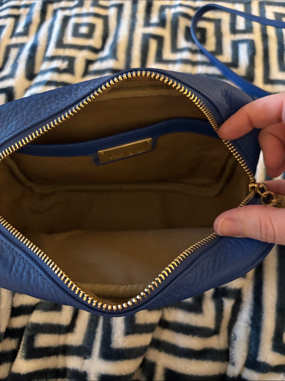 GiGi New York Royal Blue Pebbled Leather Crossbody with Gold Monogram - Picture 3 of 4